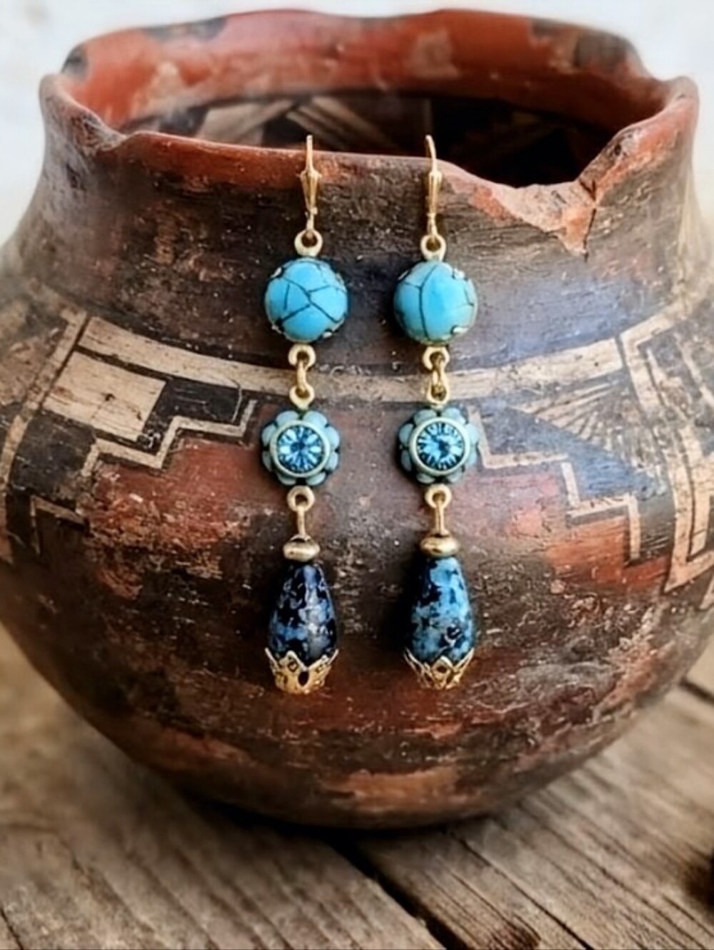 Victorian Natural Blue Turquoise W/ Flower Crystal In 18k Gold Plated Earrings